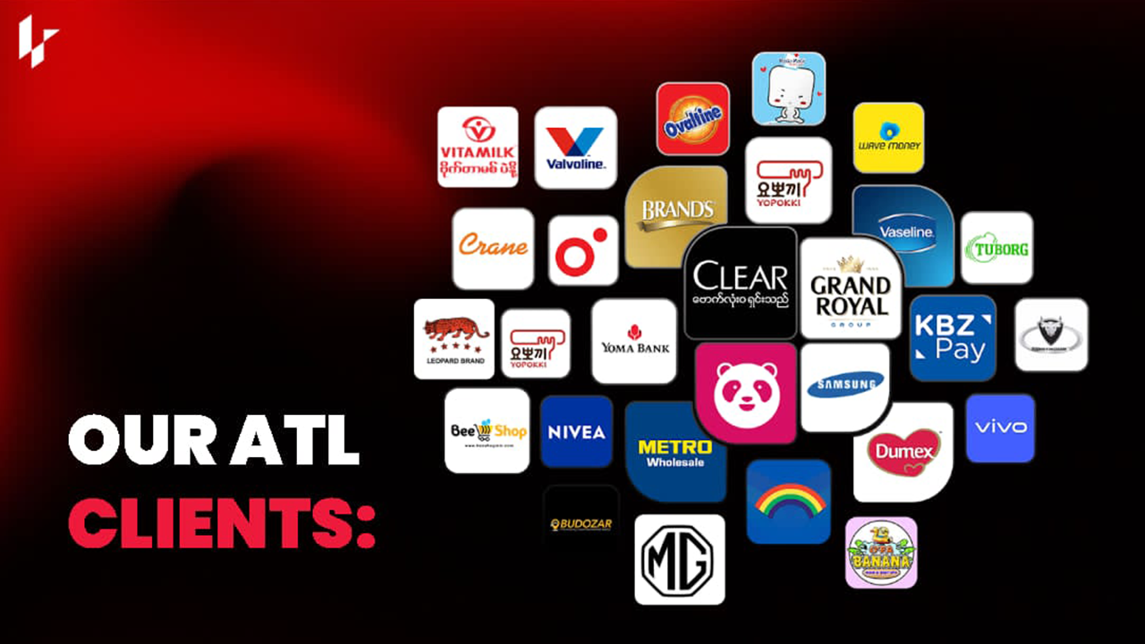 Logos of client brands including Samsung, NIVEA, Vaseline, KBZPay, MG, Honda, Abbott, Haier and more